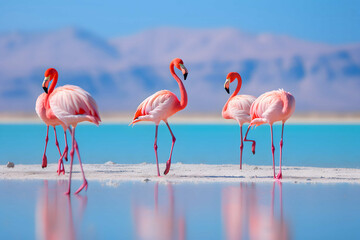 Wild african birds, Group african flamingos walking around the blue lagoon on a sunny day - obrazy, fototapety, plakaty
