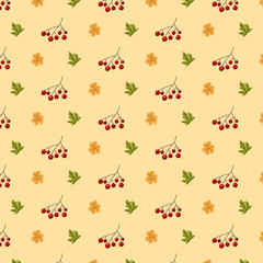 Seamless patternt with yellow and green leaves and red rowans in flat on yellow background for wrapping, wallpapers, packaging, greeting cards, textile, webs