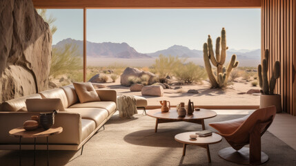 Scandinavian Desert Retreat Taking cues from desert aesthetics, it incorporates warm earthy colors, cacti decor, and natural wood and leather furnishings