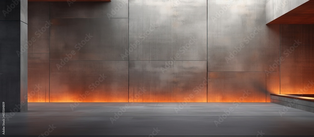 Poster illustration and rendering of an empty abstract room with rusted metal and concrete sheets architect