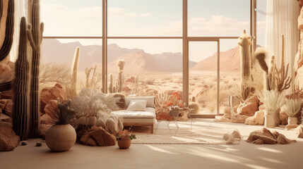 Scandinavian Desert Sanctuary Drawing inspiration from desert aesthetics, it incorporates warm earthy colors, cacti decor, and natural wood and leather furnishings
