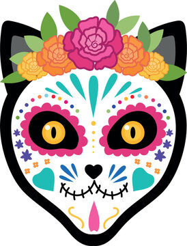 Cat face with a colorful makeup of sugar skull and floral wreath. Day of the Dead celebration. Dia de los Muertos. Vector illustration