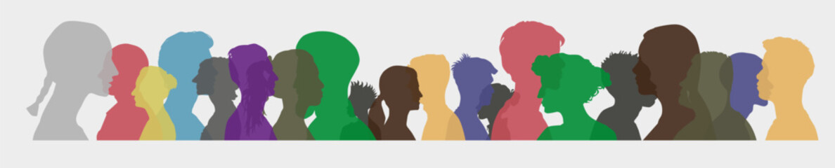 Communicating crowd of families and multiethnic people and different cultures. Sociology. Silhouette profile vector.
