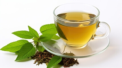 A Refreshing Cup of Tea Steeped with Fresh Green Leaves in Every Sip. Generative AI