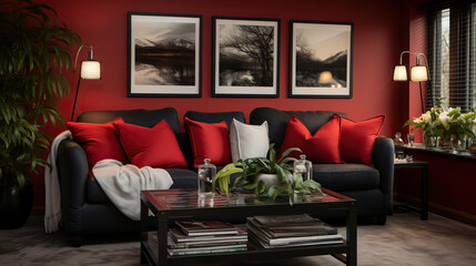 modern living room with black sofa and red throw pillows created with Generative AI technology