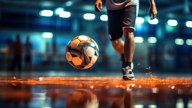Football futsal player. Indoor soccer sports hall. Youth futsal league. Generative AI