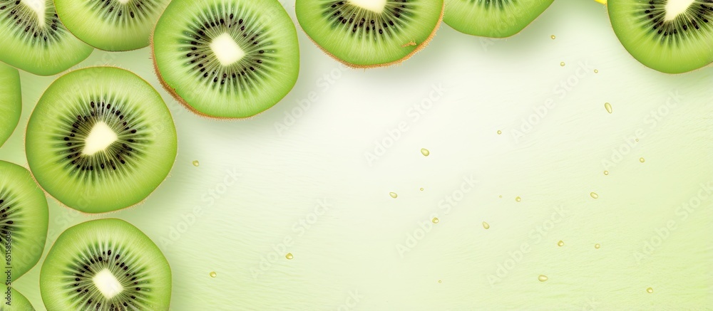 Poster kiwi a tropical fruit can be enjoyed as a healthy snack both whole and sliced isolated pastel backgr
