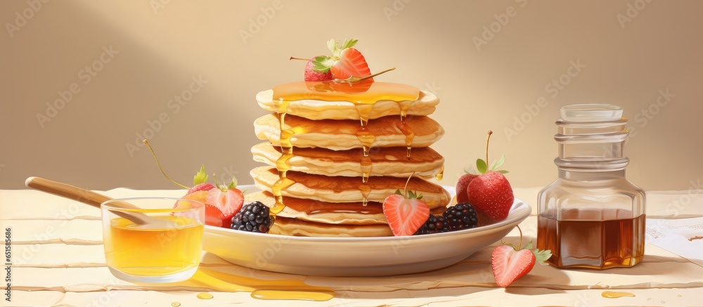 Poster mini pancakes topped with fruit and honey on a plate accompanied by yogurt and honey in the backgrou