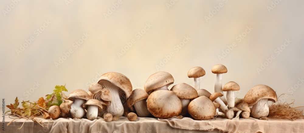 Poster macro closeup of various mushrooms used for cooking that have detoxifying properties isolated pastel