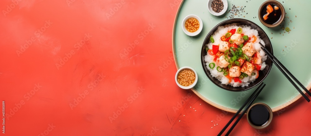 Poster japanese style tofu with tobiko egg and spring onions served in a red and black bowl with soy sauce 