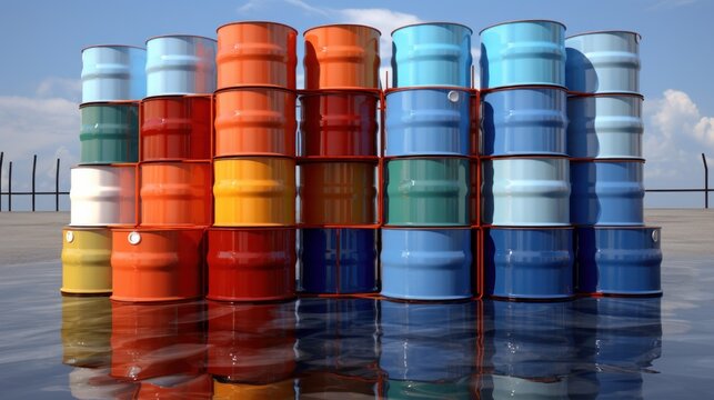colorful barrels stacked in a wetland area