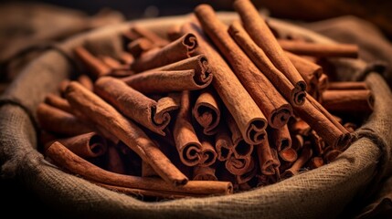 cinnamon sticks are in a wooden bowl - obrazy, fototapety, plakaty