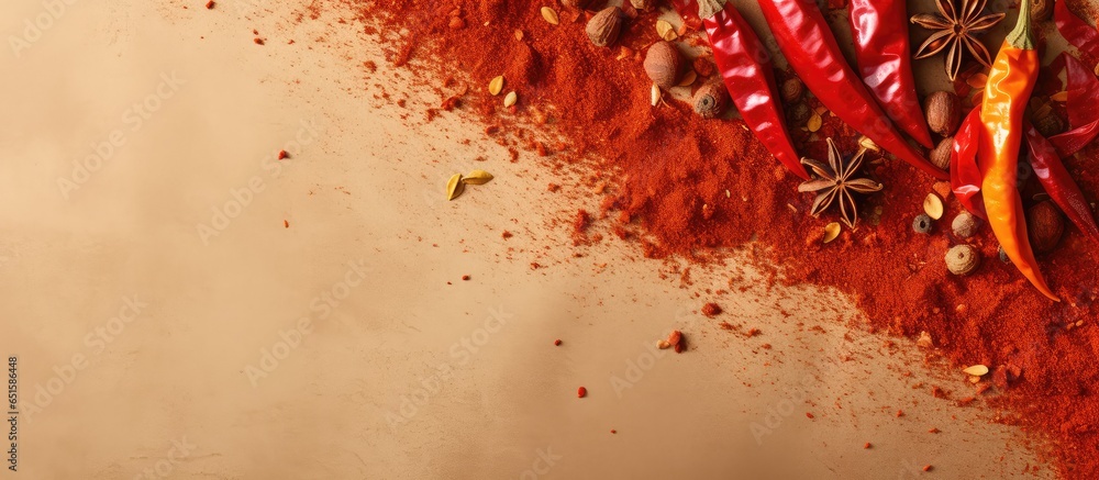 Poster isolate pile of crushed red pepper chili flakes and seeds isolated pastel background copy space