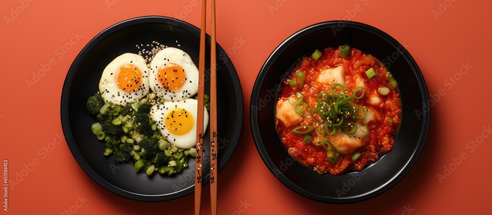 Poster japanese style tofu with tobiko egg and spring onions served in a red and black bowl with soy sauce 