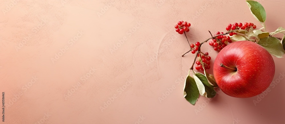 Poster Isolated ripe apple with vine wreath macro on a isolated pastel background Copy space