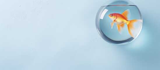 Gold fish in circular tank on isolated pastel background Copy space