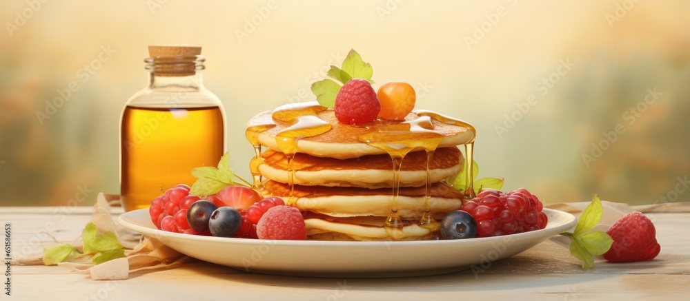 Poster mini pancakes topped with fruit and honey on a plate accompanied by yogurt and honey in the backgrou