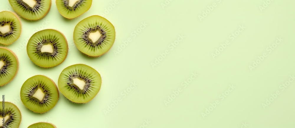 Poster kiwi fruit on a isolated pastel background copy space closeup top view