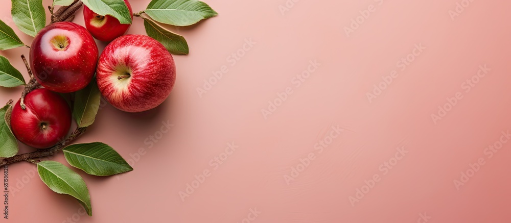Poster isolated ripe apple with vine wreath macro on a isolated pastel background copy space