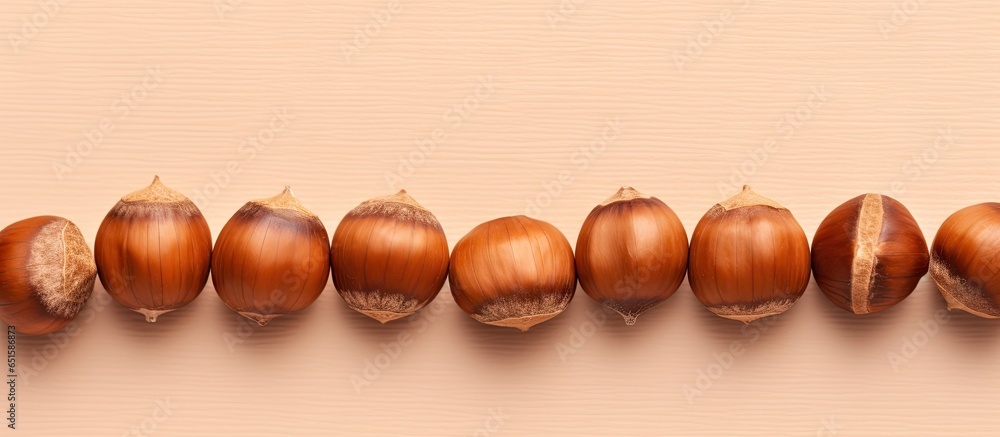 Poster hazelnuts displayed on isolated pastel background copy space