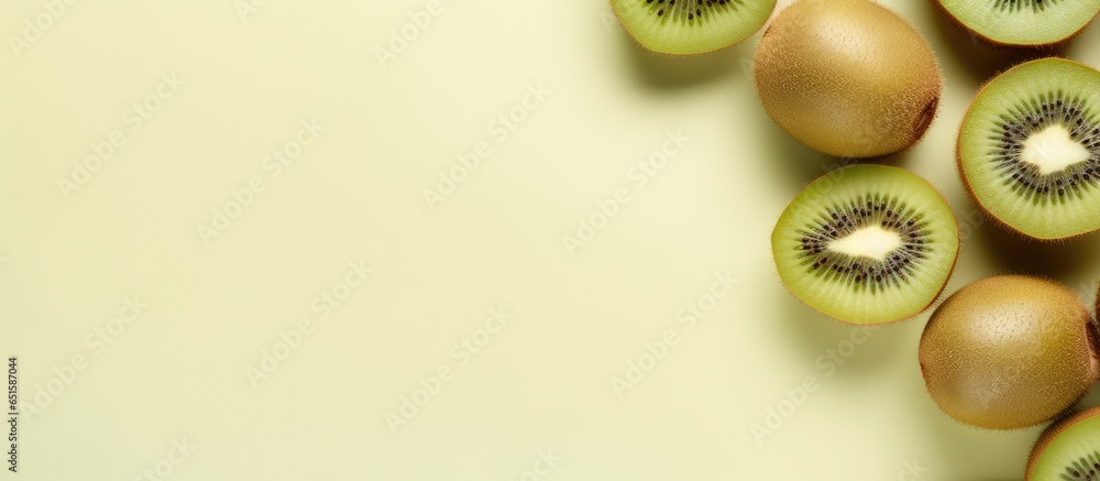 Poster kiwi fruit on a isolated pastel background copy space closeup top view