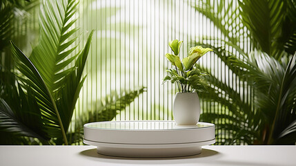 Obraz premium Empty round table for beauty products display with white ceramic. Generative AI