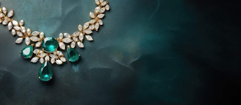 Gold necklace with diamond and emerald gemstone jewels isolated pastel background Copy space
