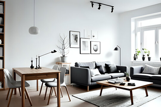 Stylish scandinavian living room interior of modern apartment with wooden commode, design table. Side View