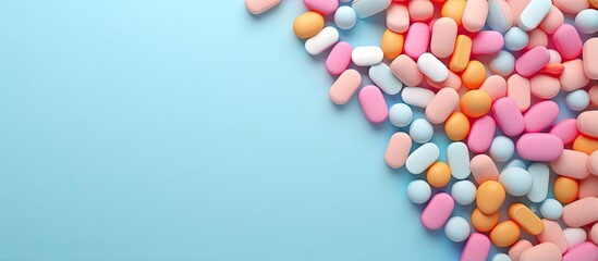 Macro close up of pills on isolated pastel background Copy space
