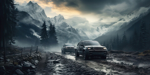 4x4 SUV rides off-road in winter racing competition in nature in the mountains - obrazy, fototapety, plakaty