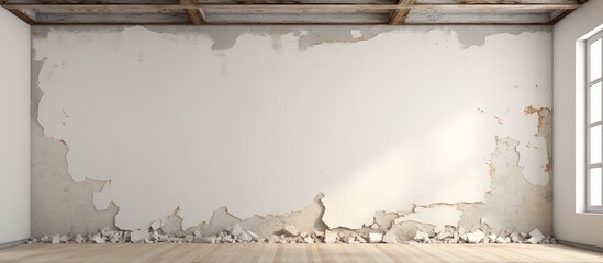 White wall with damaged wood beams and patched filling