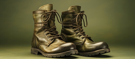 Isolated Polish army boots from the 1970s isolated pastel background Copy space