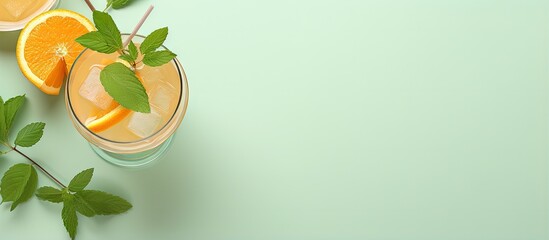 Fresh fruit cocktail in martini glass with ice orange and mint on a isolated pastel background Copy space - obrazy, fototapety, plakaty