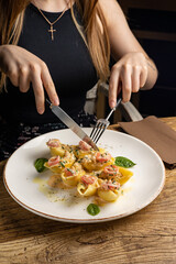 Delicious pasta with shrimp and basil