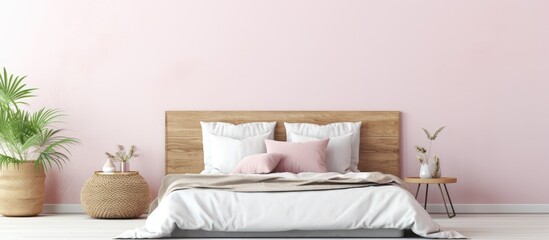 Modern interior design with a cozy and stylish bedroom corner featuring a rattan headboard and bed soft pillows white pillows and a plywood wall backdrop isolated pastel background Copy space