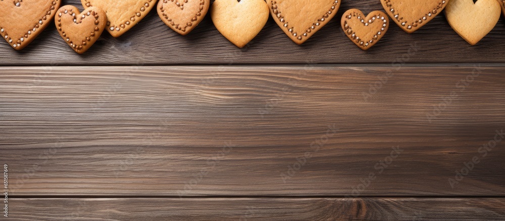 Wall mural Heart shaped cookies displayed on a black wooden board isolated pastel background Copy space