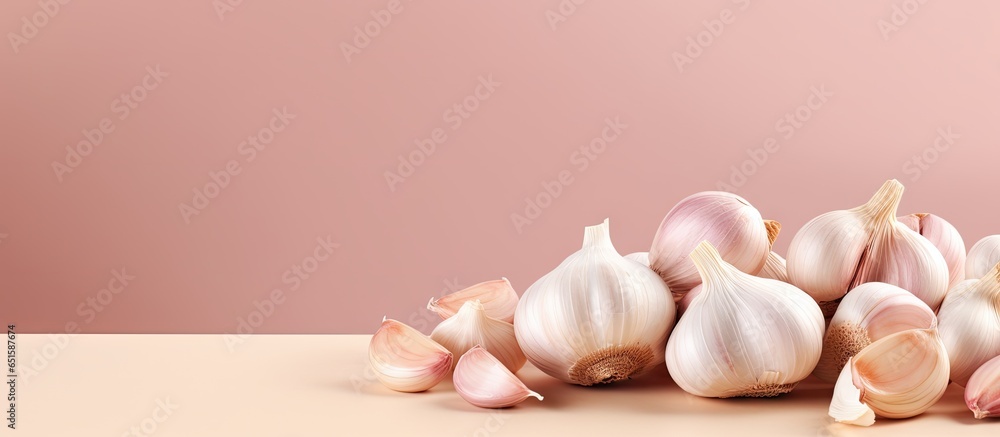 Poster Garlic cloves isolated on a isolated pastel background Copy space with clipping path