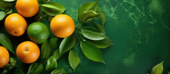 Fresh green tangerines on isolated pastel background Copy space with leaves and half tangerin perfect for isolated pastel background Copy space