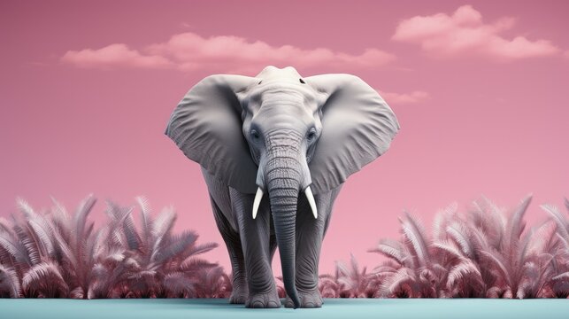 Cute gray elephant on a pastel pink and blue background with copy space. Concept of animals in nature and life. Background for advertising, banners, zoos and businesses.