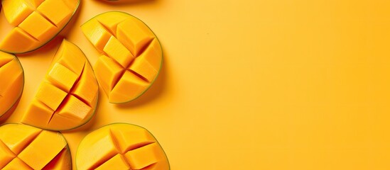 Mango slices isolated pastel background Copy space