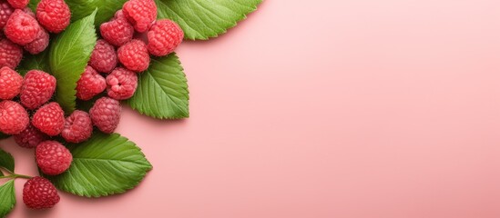 Fresh raspberries with leaves on isolated pastel background Copy space