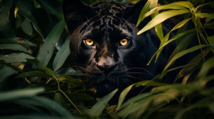 Panther in a jungle between leaves
