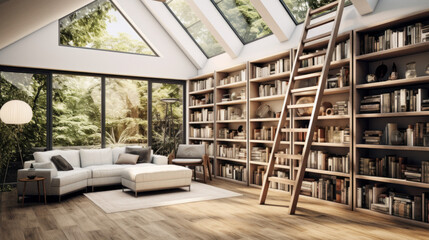 Scandinavian Home Library A home library with floor-to-ceiling bookshelves, cozy reading nooks, and a sliding ladder