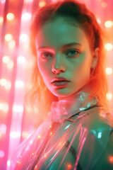 Obraz na płótnie Canvas young caucasian blonde woman in futuristic sci-fi virtual reality setting with pink neon lights in retro 90s style robotic cinematic in magazine editorial textured film look