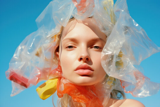 Portrait Of A Young Woman Surrounded By Plastic Waste For Pollution/activism/fridays For Future Editorial/magazine Film Look With Minimalist Setting