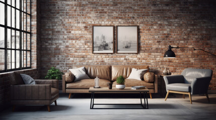 Scandinavian Industrial Fusion Gray leather sofa, metal-framed coffee table, and exposed brick walls blend Scandinavian simplicity with industrial elements