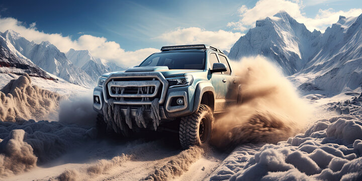 4x4 SUV rides off-road with snowdrifts in race competition in winter in the mountains