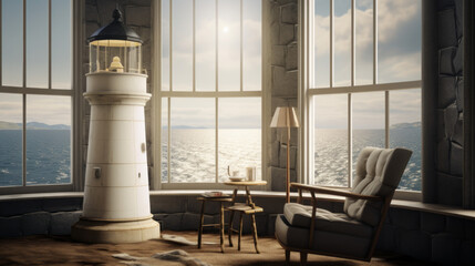 Scandinavian Lighthouse Lookout A room with lighthouse-inspired decor, coastal views, and a maritime charm with insanely extreme texture details and every object is extremely 