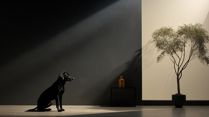 Dog sitting in front of a home wall - Powered by Adobe
