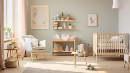 Scandinavian Nursery Designed for a baby, this room includes a crib, a changing table, and soft pastel colors Plush toys and children's books adorn the shelves